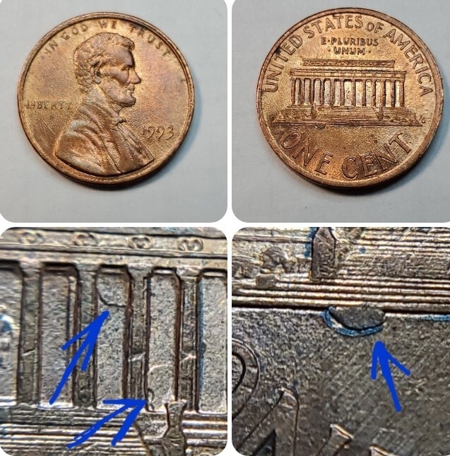 1993 P Die Chip Error On Column Doubling On Column Bay Lincoln Memorial Cent#71