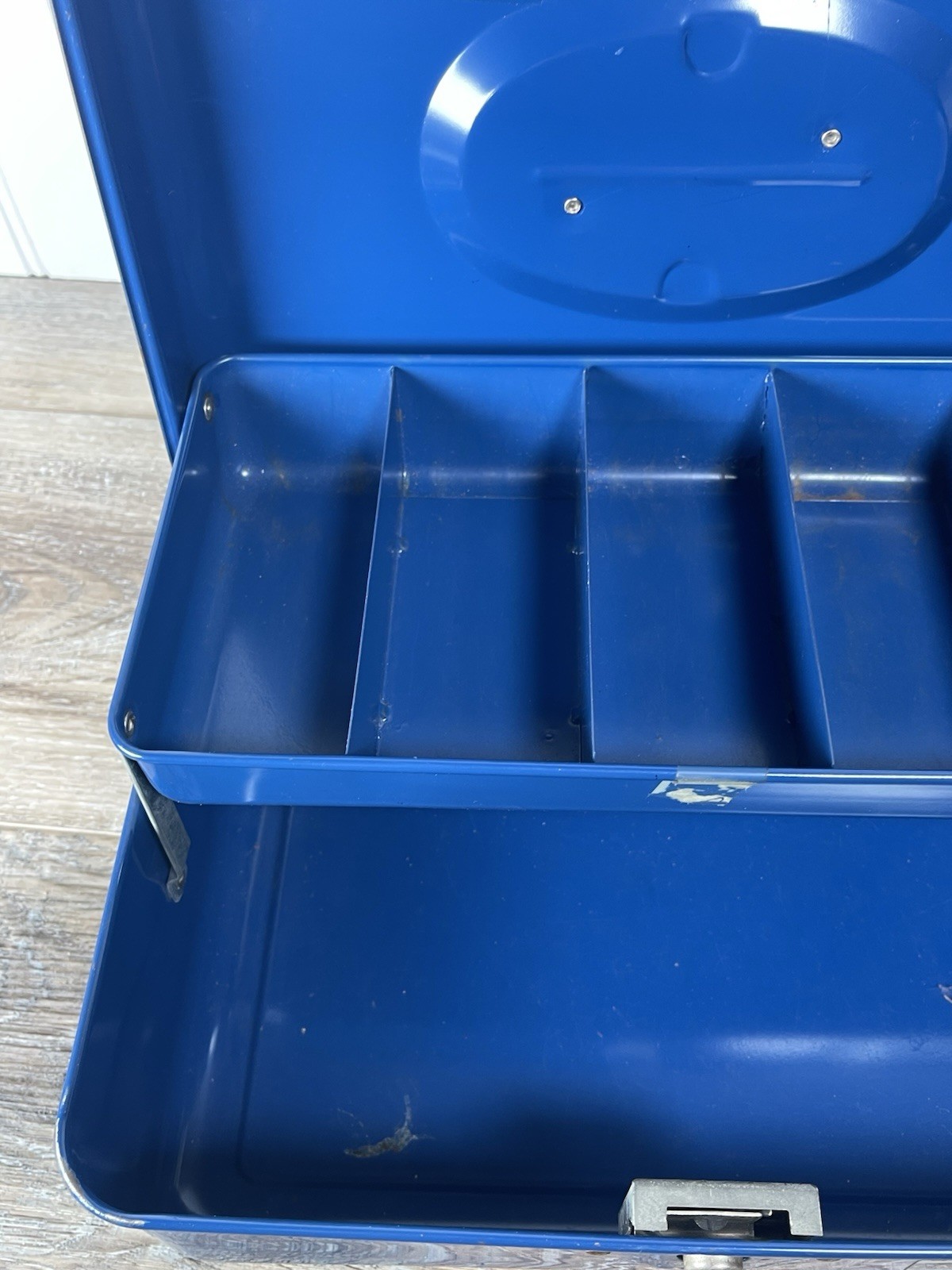 Vintage Union Metal Model 1111 Cash tackle box Blue Fold Out USA NO KEY