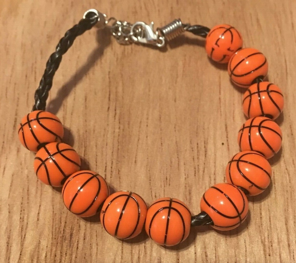 Basketball Beads on Leather Braided Bracelet with Lobster Claw Clasp
