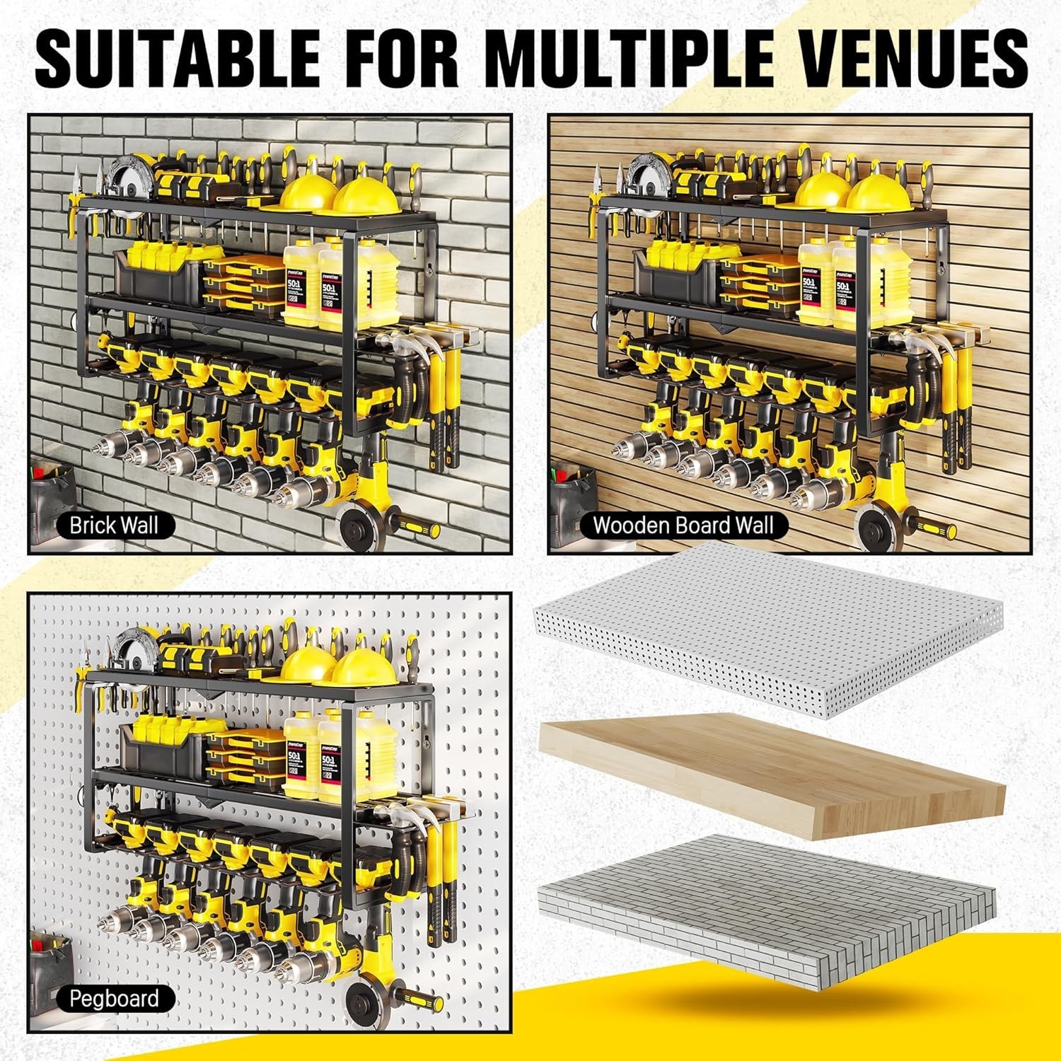 Power Tool Organizer Wall Mount - 300Lbs Load 3 Layers Storage Rack with 7 Dr...