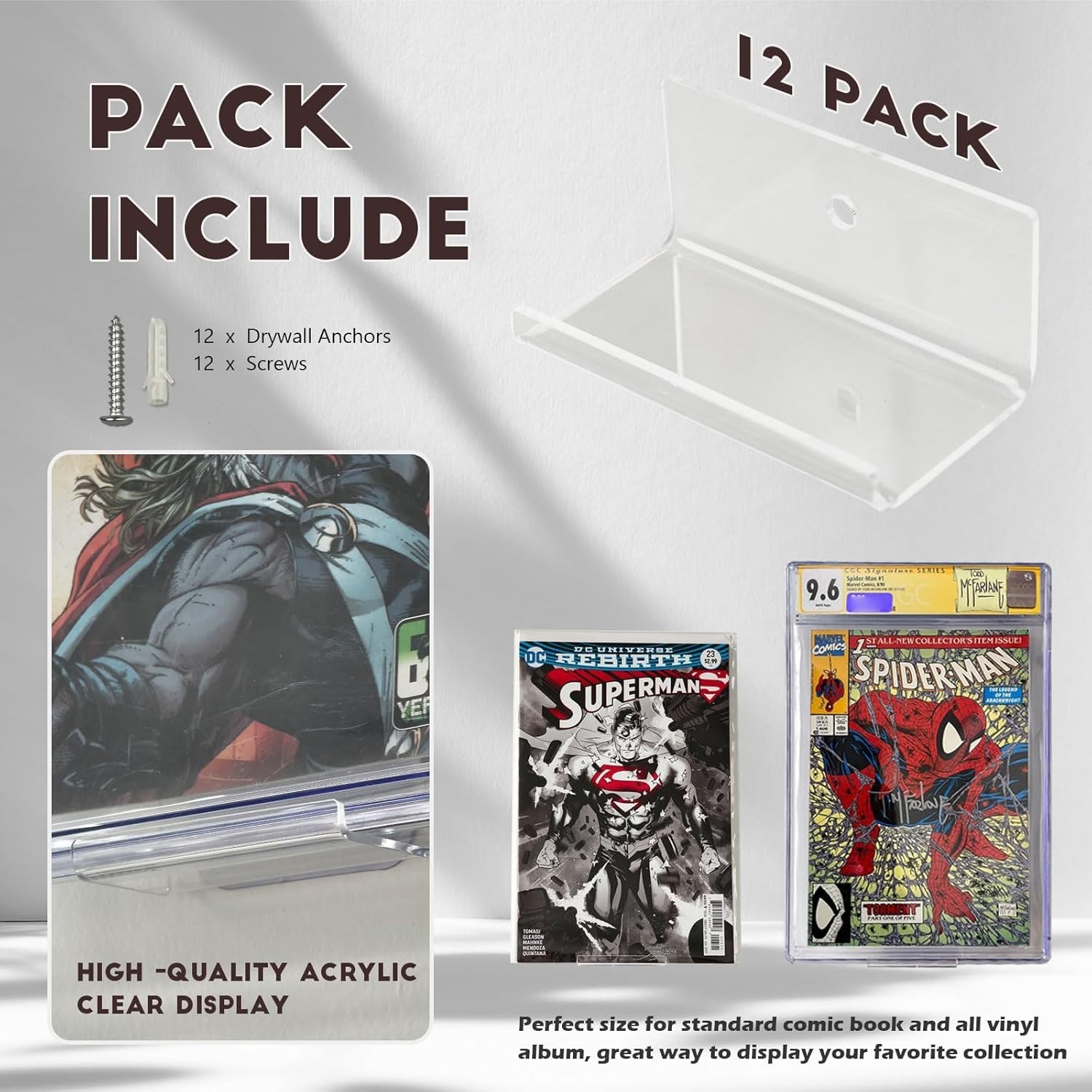 12pcs Clear Floating Comic Book Display Shelves, Comic Book Shelf Stand Wall ...