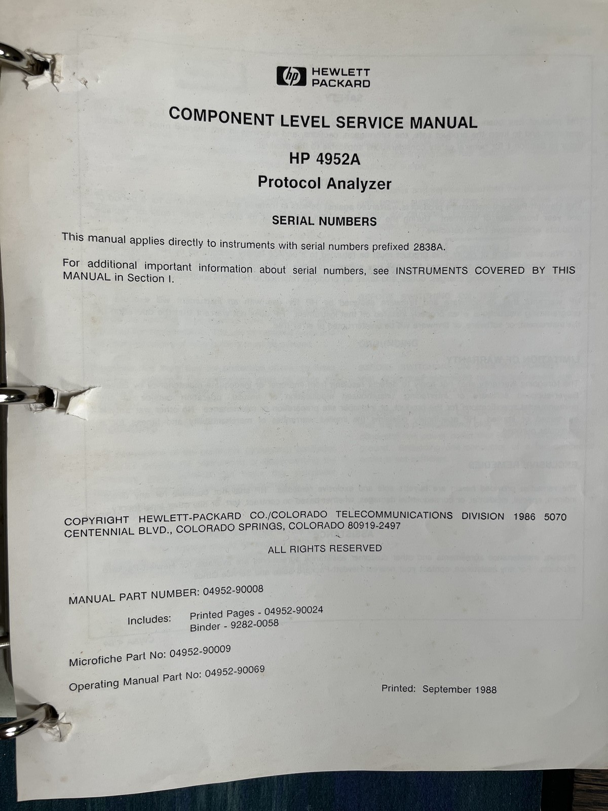 HP 4952A Protocol Analyzer Maintenance Manual Set (2 volumes)