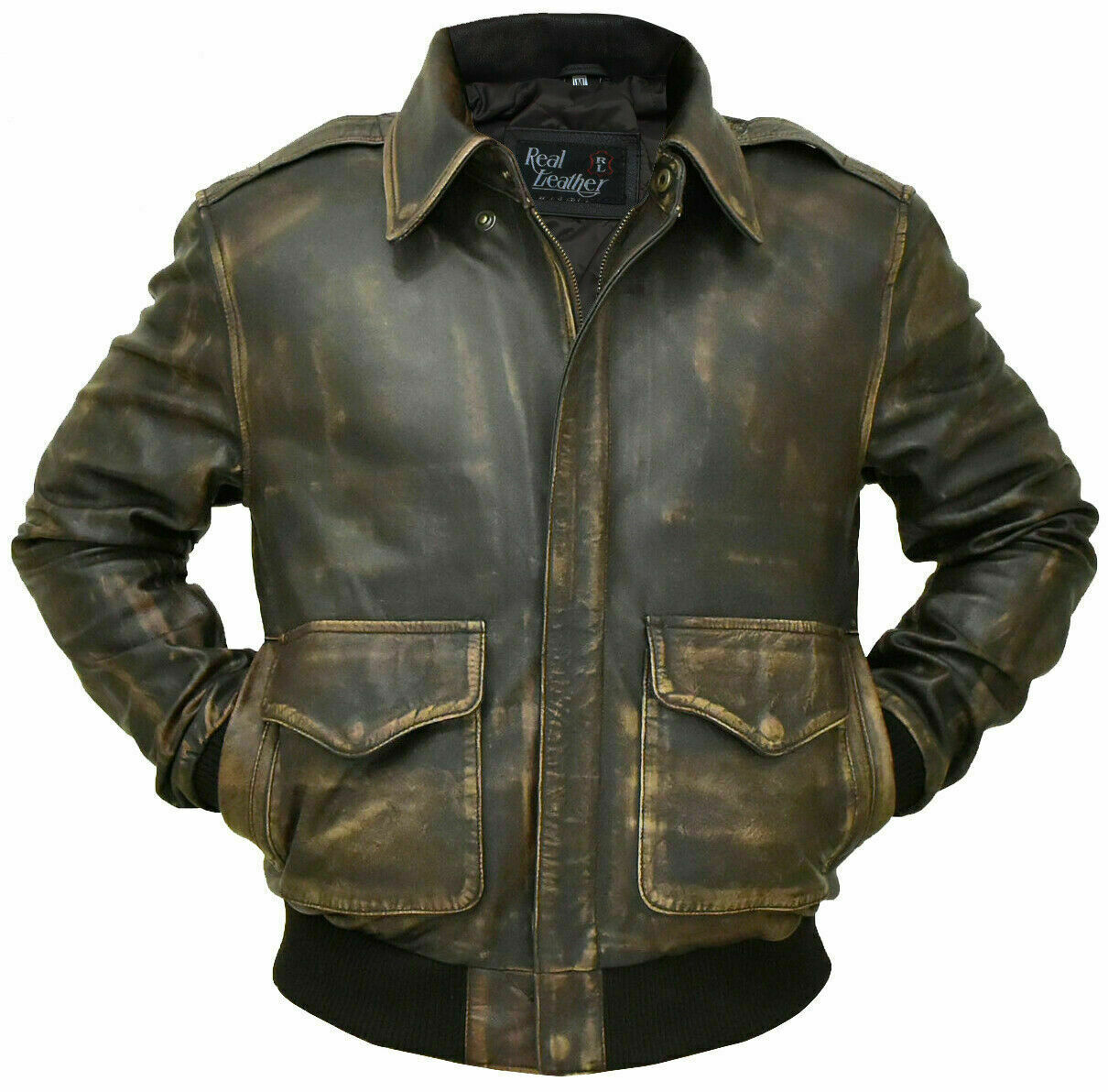 Aviator A-2 Real Leather Black Distressed Finish Bomber Flight Jacket Vintage