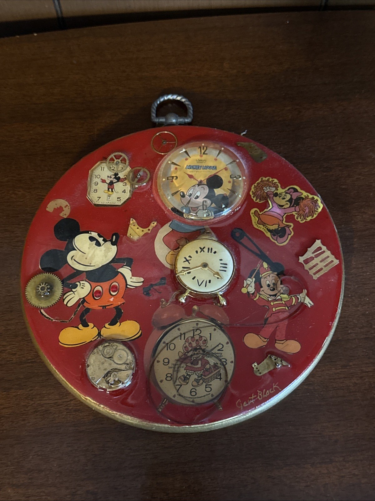 Signed Gert Block 7.5″×7.5″ Mickey Mouse Assemblage — Vintage Watch Face Art