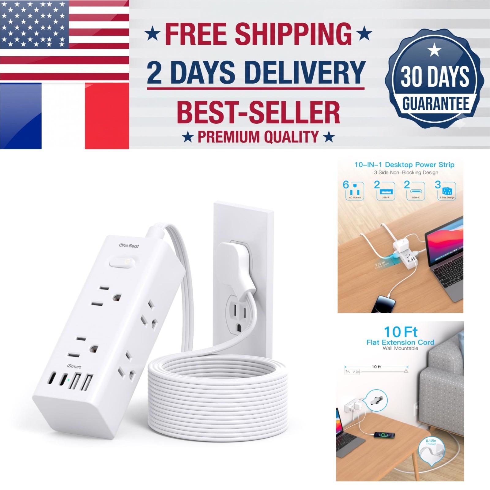 One Beat 10Ft Extension Cord with 6 Outlets & 4 USB Ports Surge Protector
