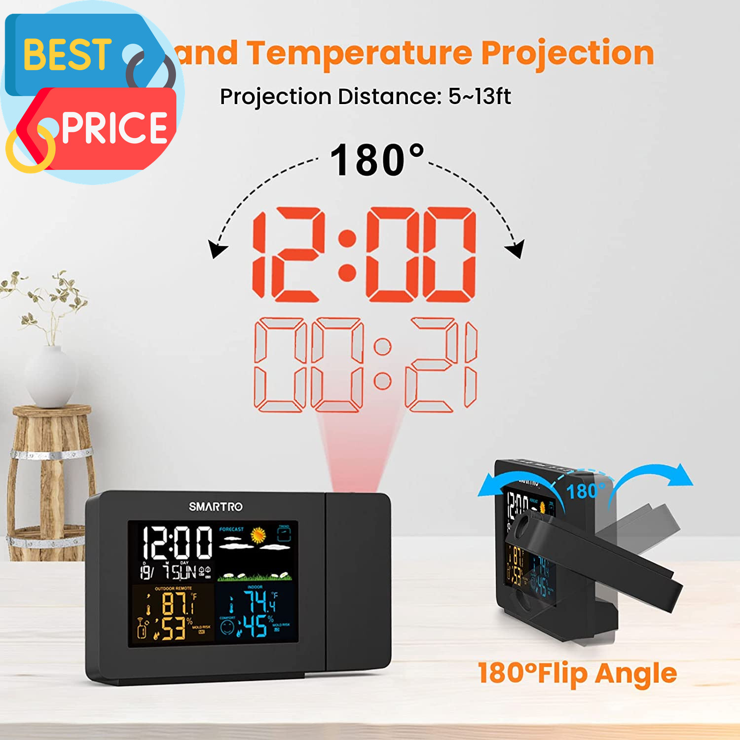 SC91 Projection Alarm Clock for Bedrooms with Weather Station, Wireless Indoor O