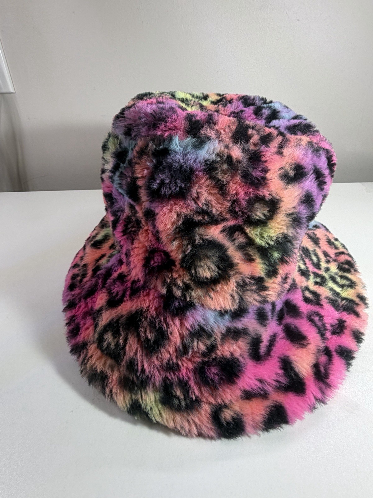 Multicolor Faux Fur Leopard Print Bucket Hat Wide Brim Fur Trim UNISEX One Size