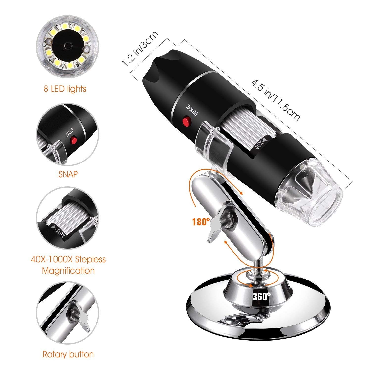 USB Digital Microscope 40X to 1000X, 8 LED Magnification Endoscope Camera with C