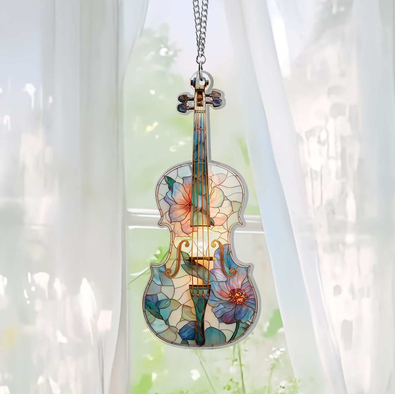 Violin Acrylic Suncatcher, Floral Violin Music Teacher Window Hanging