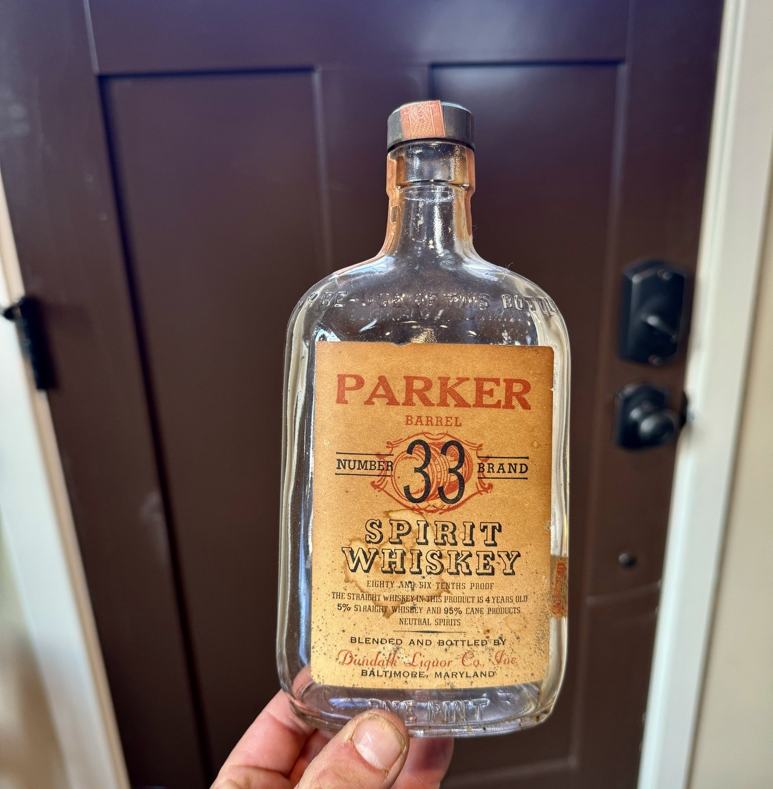 Parker 33 Brand Spirit Whiskey Dundalk Liquor Co Baltimore MD Labeled Bottle Old