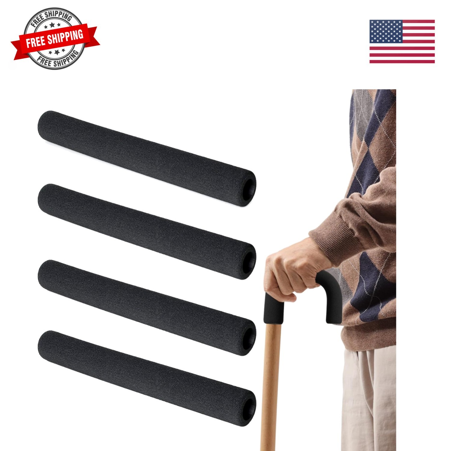 4 Pcs Curved Handle Cane Grip Replacement for Standard Handle Canes Black Thi...