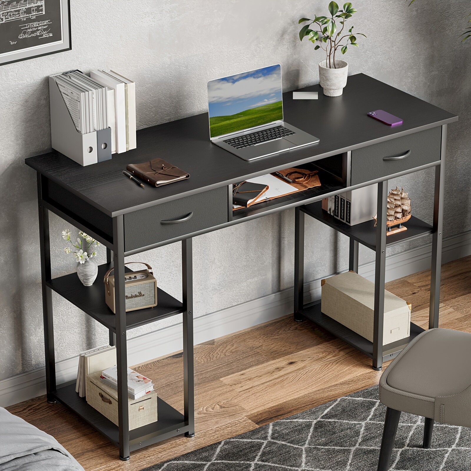 32/48-inch Computer Desk With 2 Fabric Drawers Storage, Keyboard Tray Included