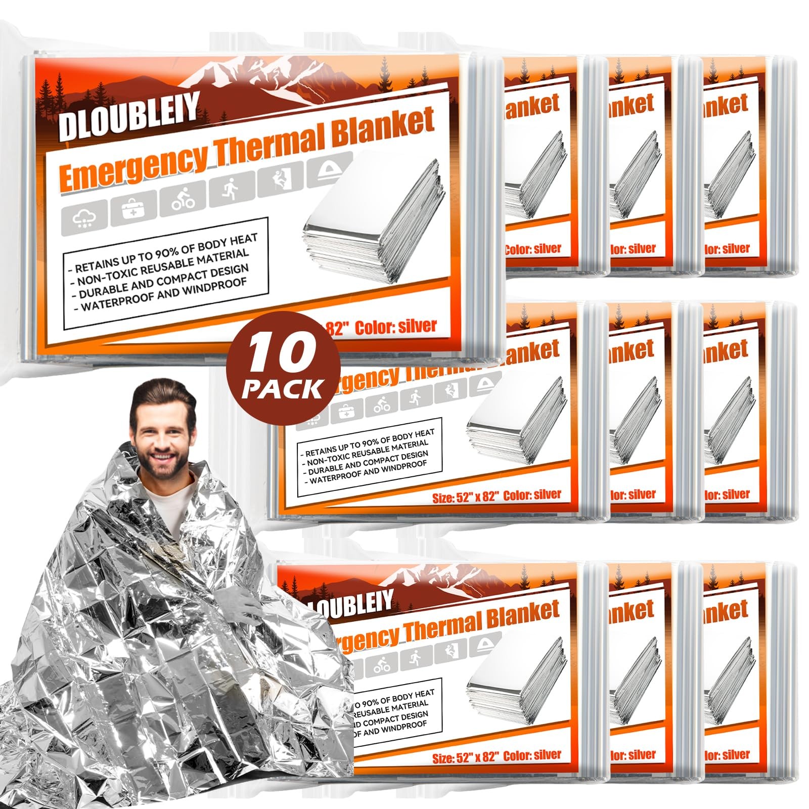 10-Pack Emergency Thermal Blankets, Heavy Duty Mylar Space Blanket with Ultim...
