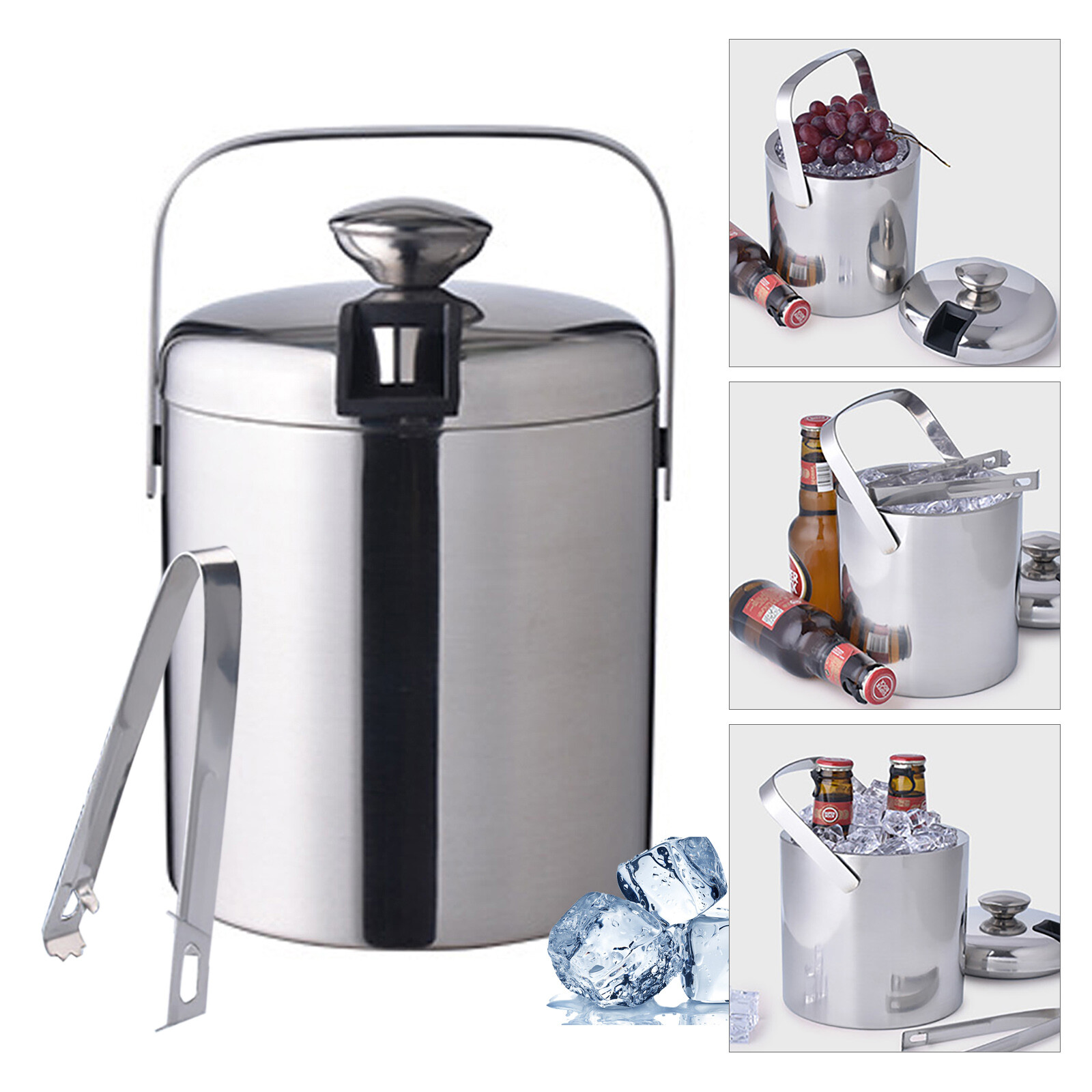 Ice Bucket With Lid Insulated Silver Ice Bucket for Cocktail Bar with Ice Tong
