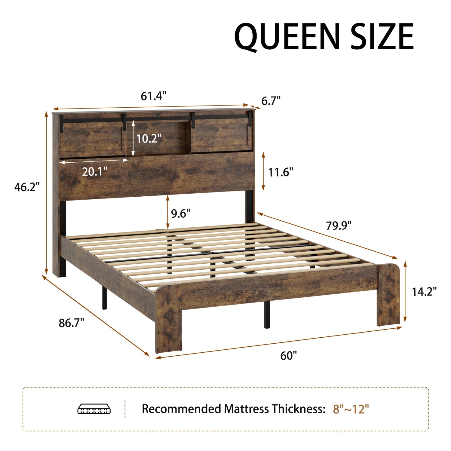 Queen Size Platform Bed w/ Storage Headboard & LED Light & USB Ports Dark Brown
