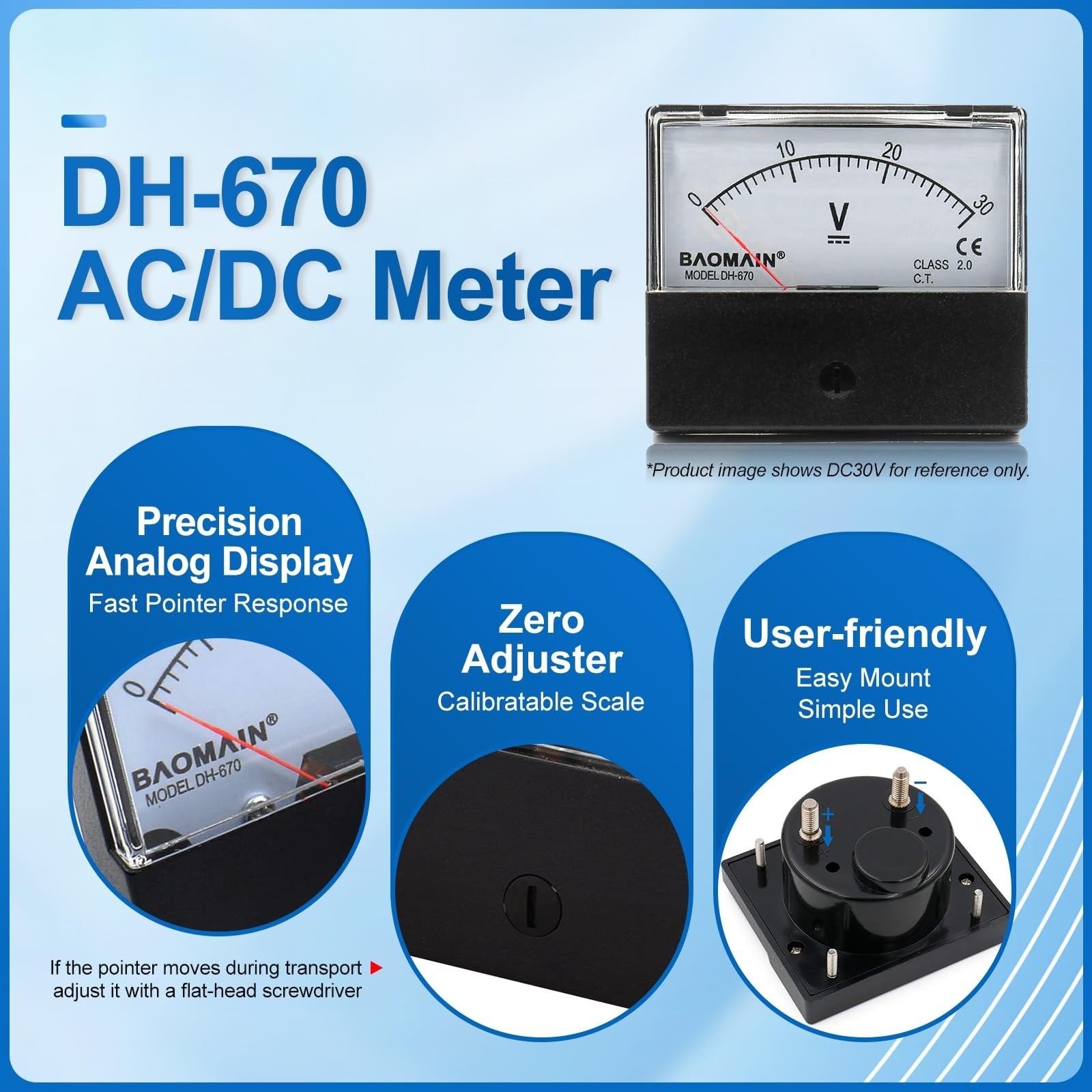 Baomain DH-670 Analog Voltmeter DC 0-30V Rectangular Panel Meter