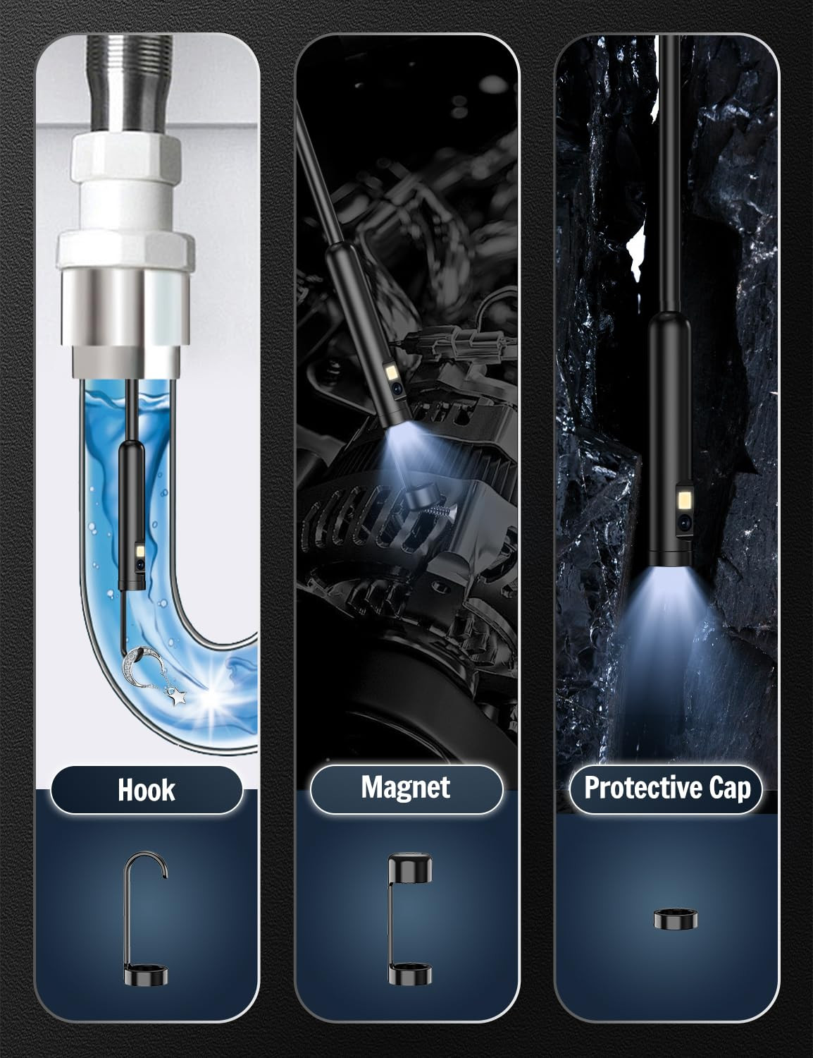 Dual Lens Endoscope Camera with Light, 1920P HD Borescope with 8 Adjustable L...
