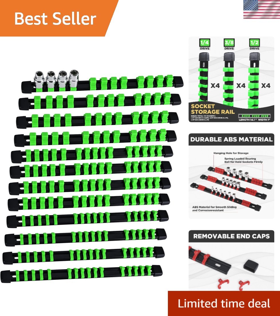 Durable 12PC Socket Organizer in Green - Wall-Mountable for 172 Socket Storage