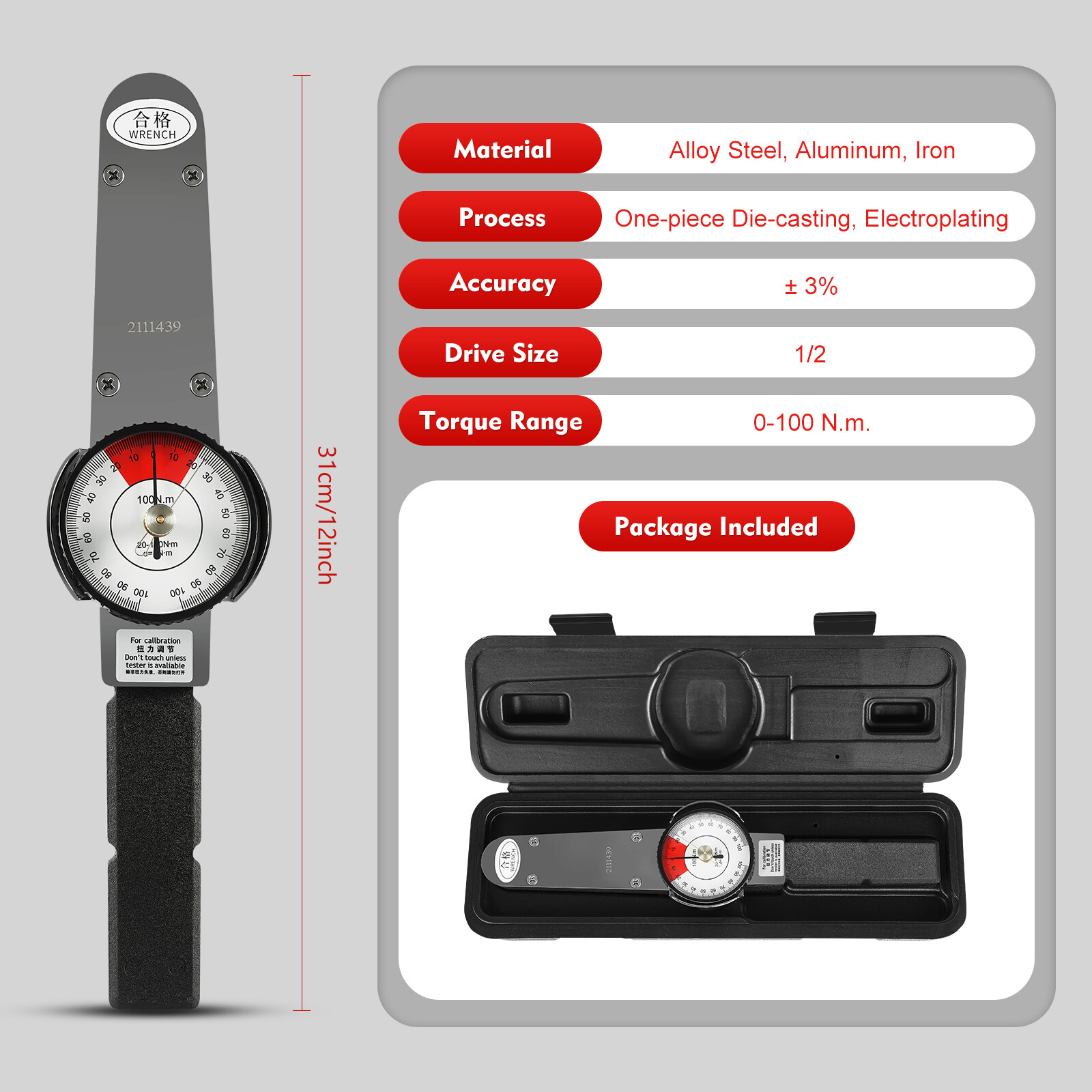 2-dir Dial Indicator Torque Wrench Indicating Torquemeter Torque Testing0-100n.m