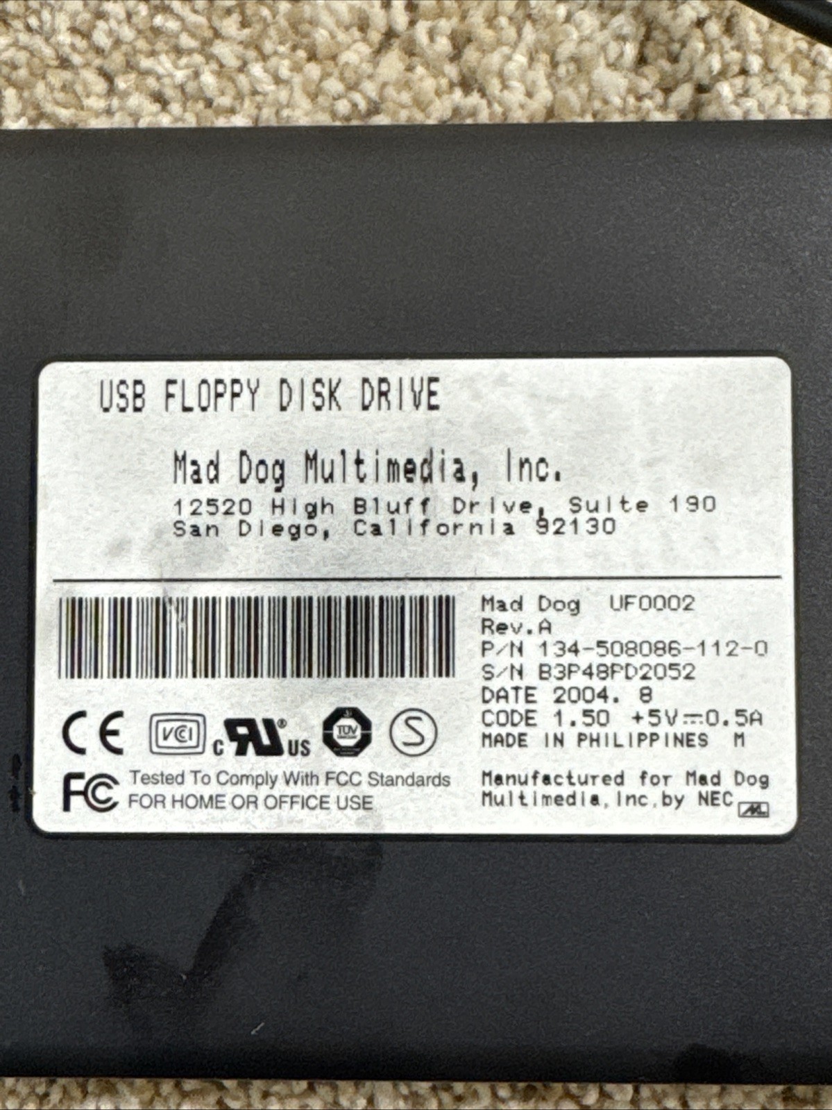Mad Dog Multimedia USB Floppy Disk Drive Reader Black External Portable UF0002