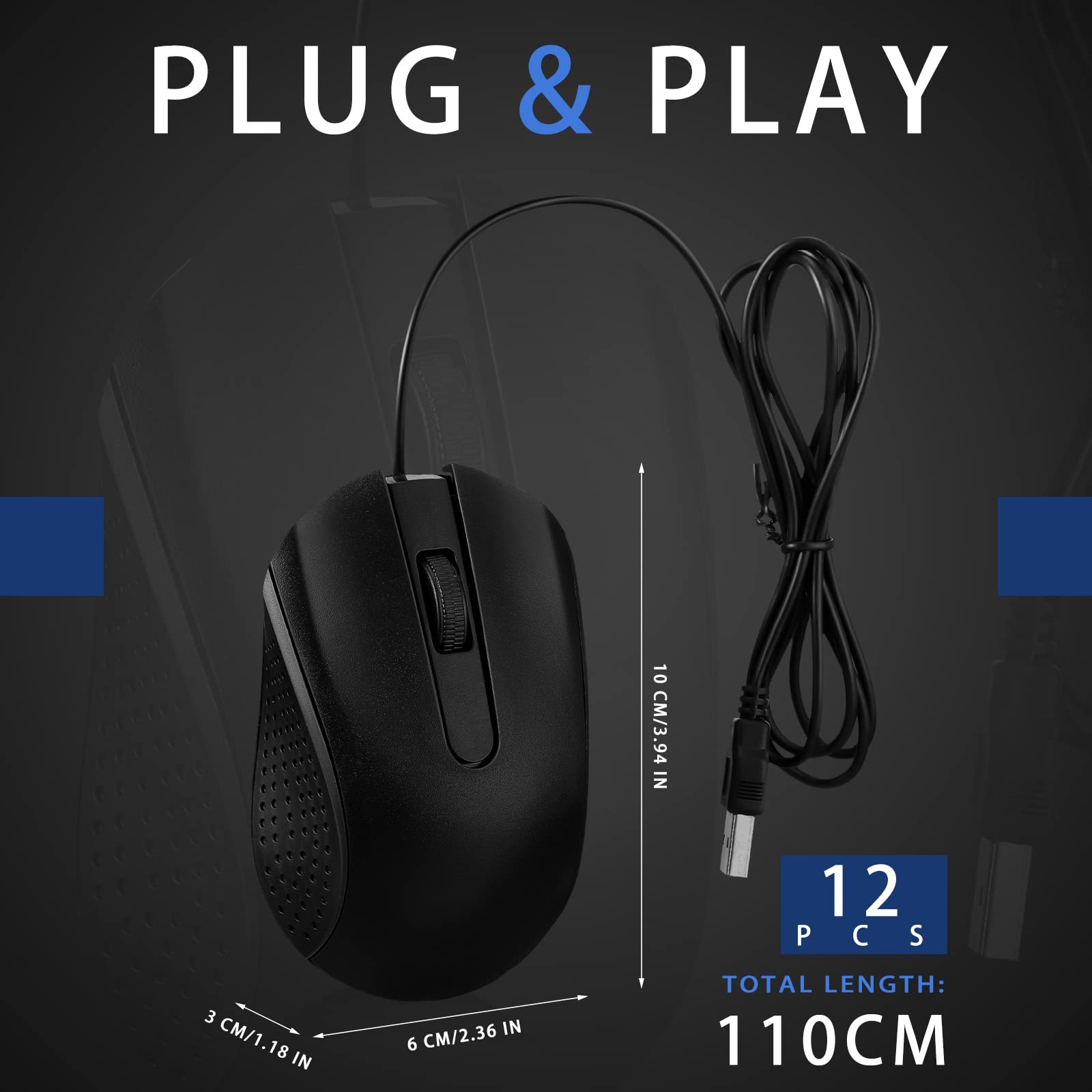 Hoteam 12 Pcs Wired Computer Mouse Bulk Cord USB Mice Black