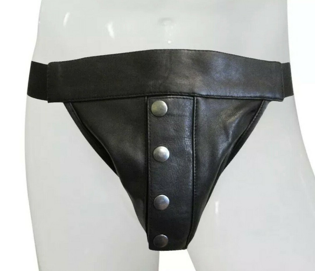 Men's G String Black Leather Button Jock Strap Supporter Club Wear B-74