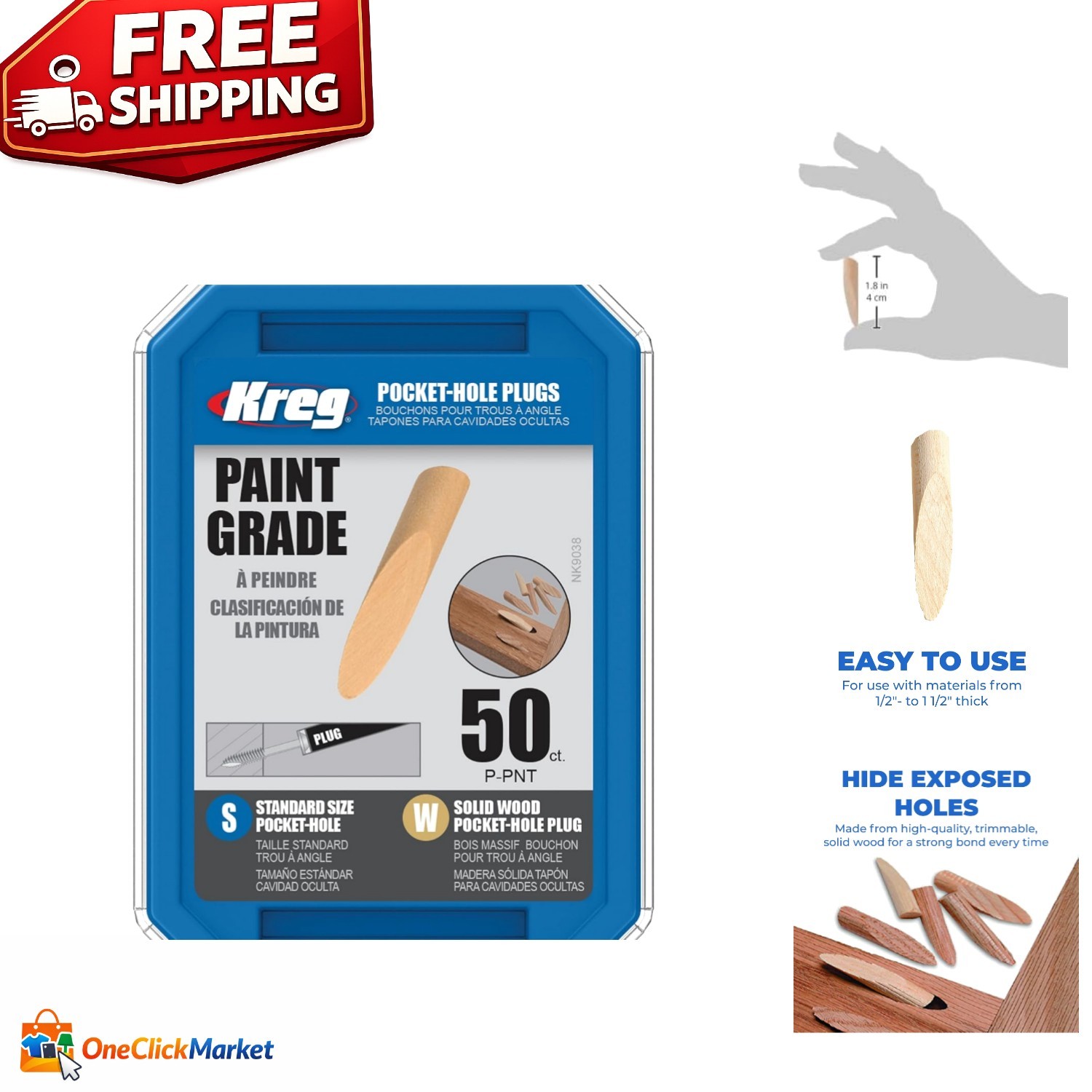 50 Count Solid-Wood Pocket-Hole Plugs - Paint Grade Finish for Flawless Joints