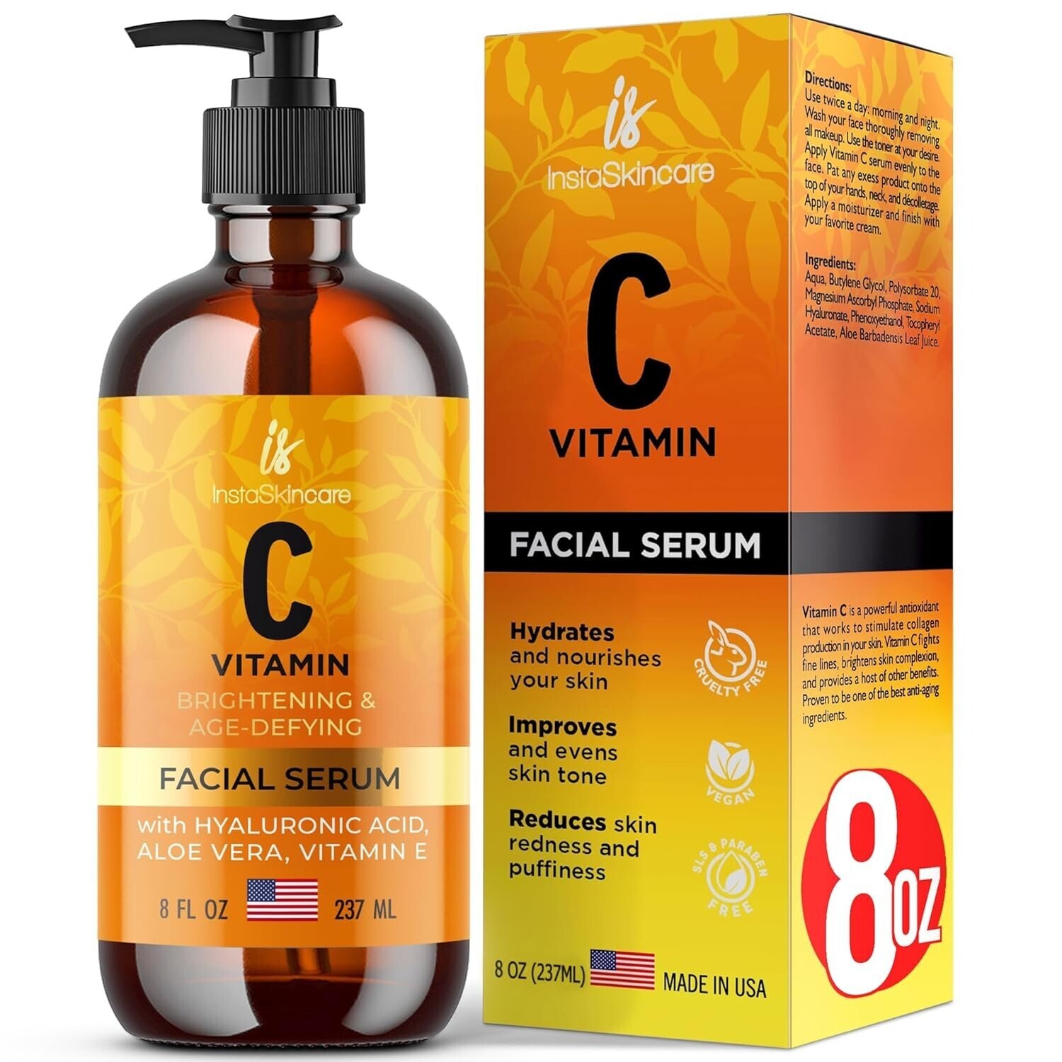 InstaSkincare Vitamin C Face Serum 8oz Hyaluronic Acid Brightening Dark Spot