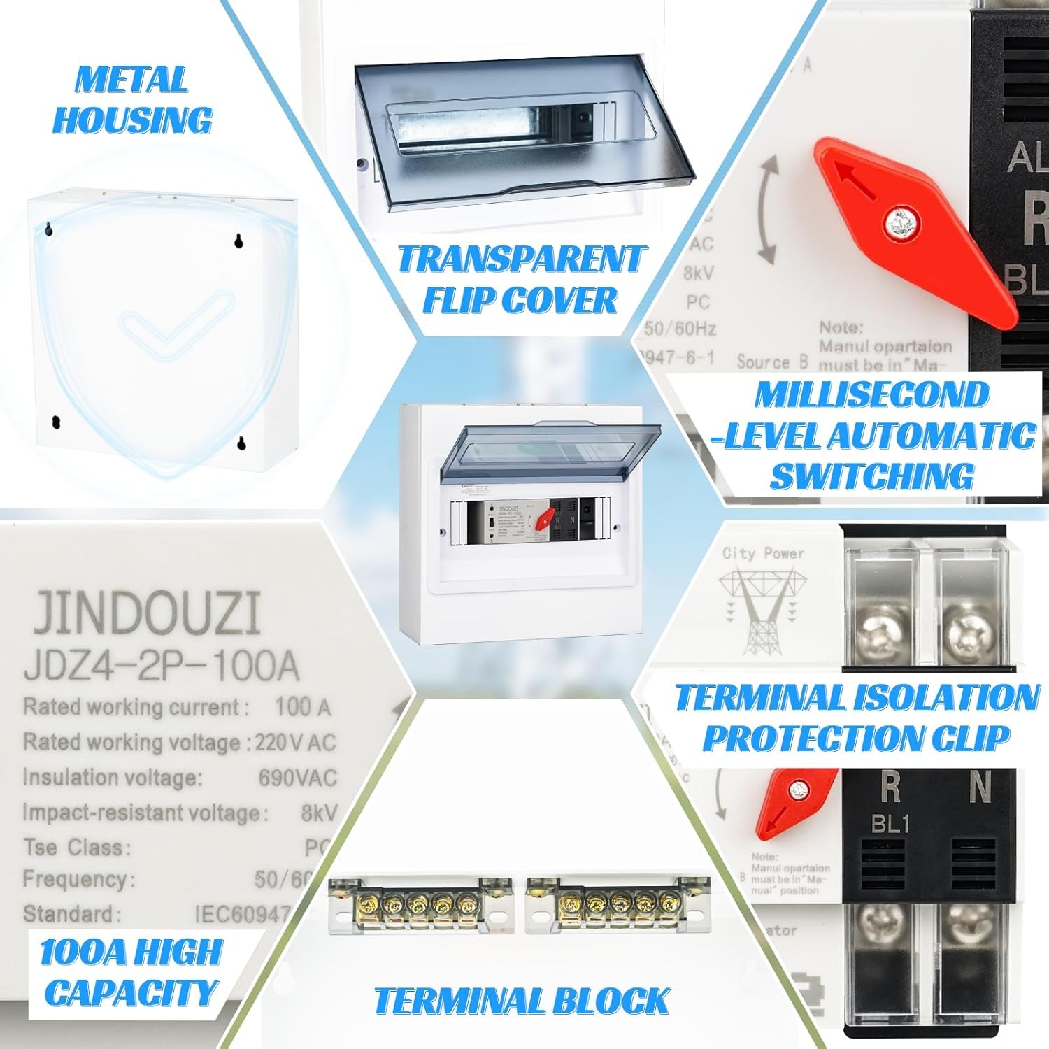 100A Dual Power Automatic Transfer Switch, 110V Millisecond Operation
