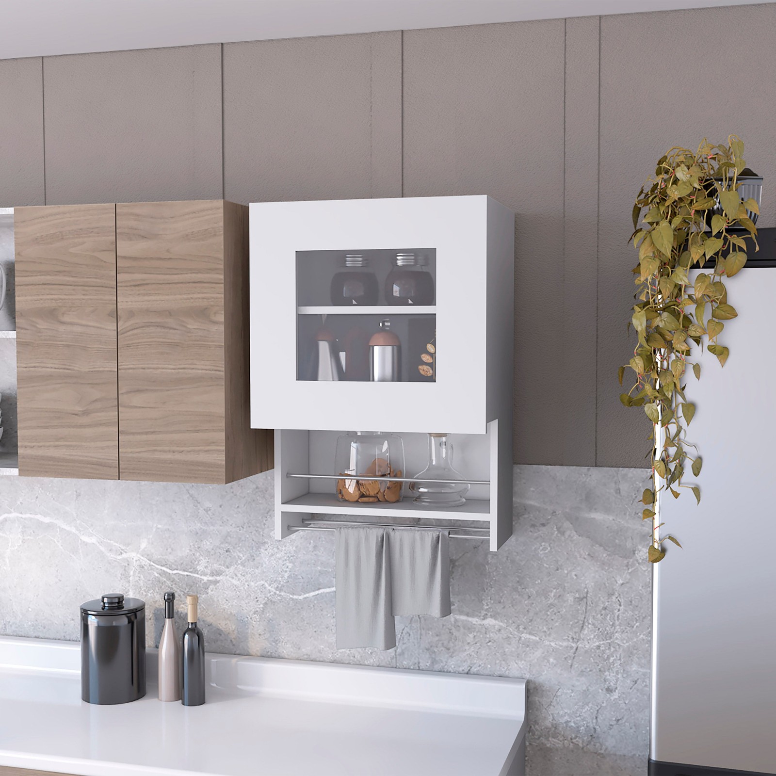 Kitchen Wall Cabinet with Spice and Towel Rack, White Storage Cabinet