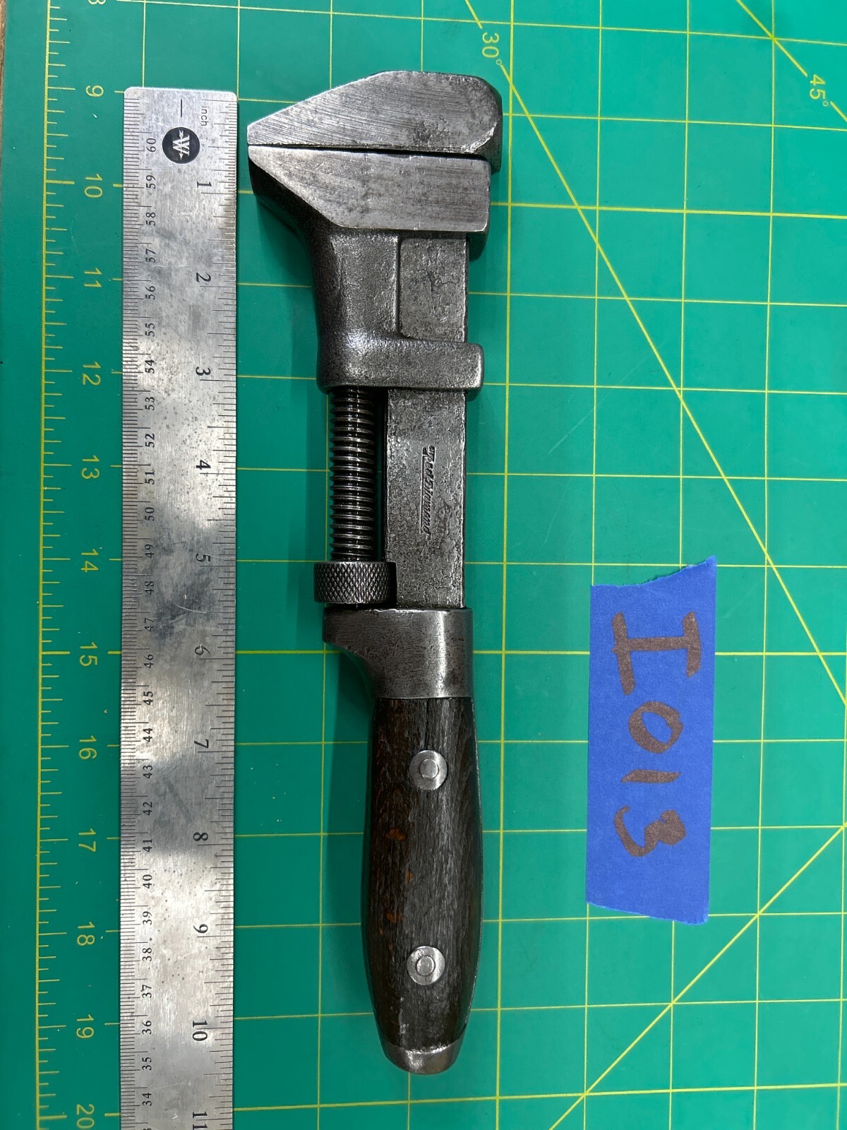 Vintage 11" Long Red Diamand Adjustable Monkey Pipe Wrench with Wooden Handle