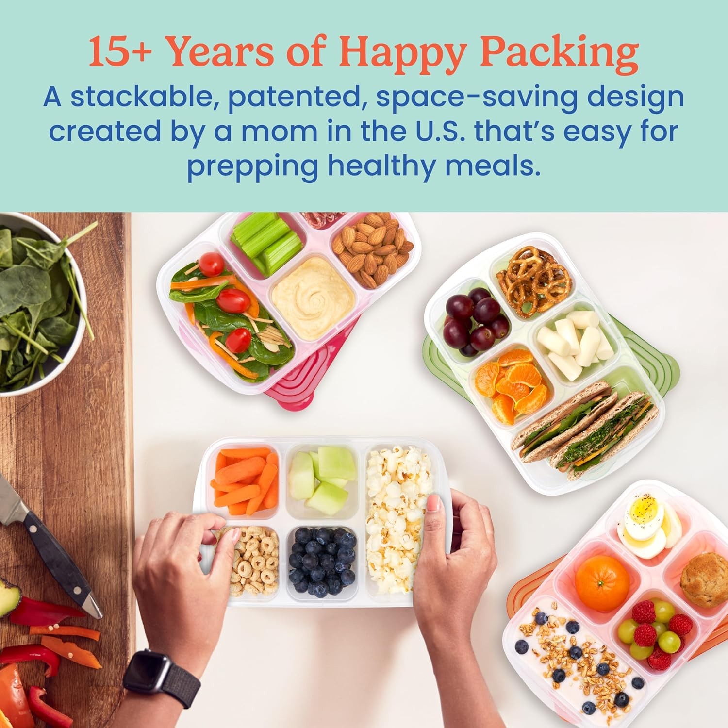 Reusable 5-Compartment Food Containers, Stackable 8-Piece Set, 4 Trays & 4 Lids