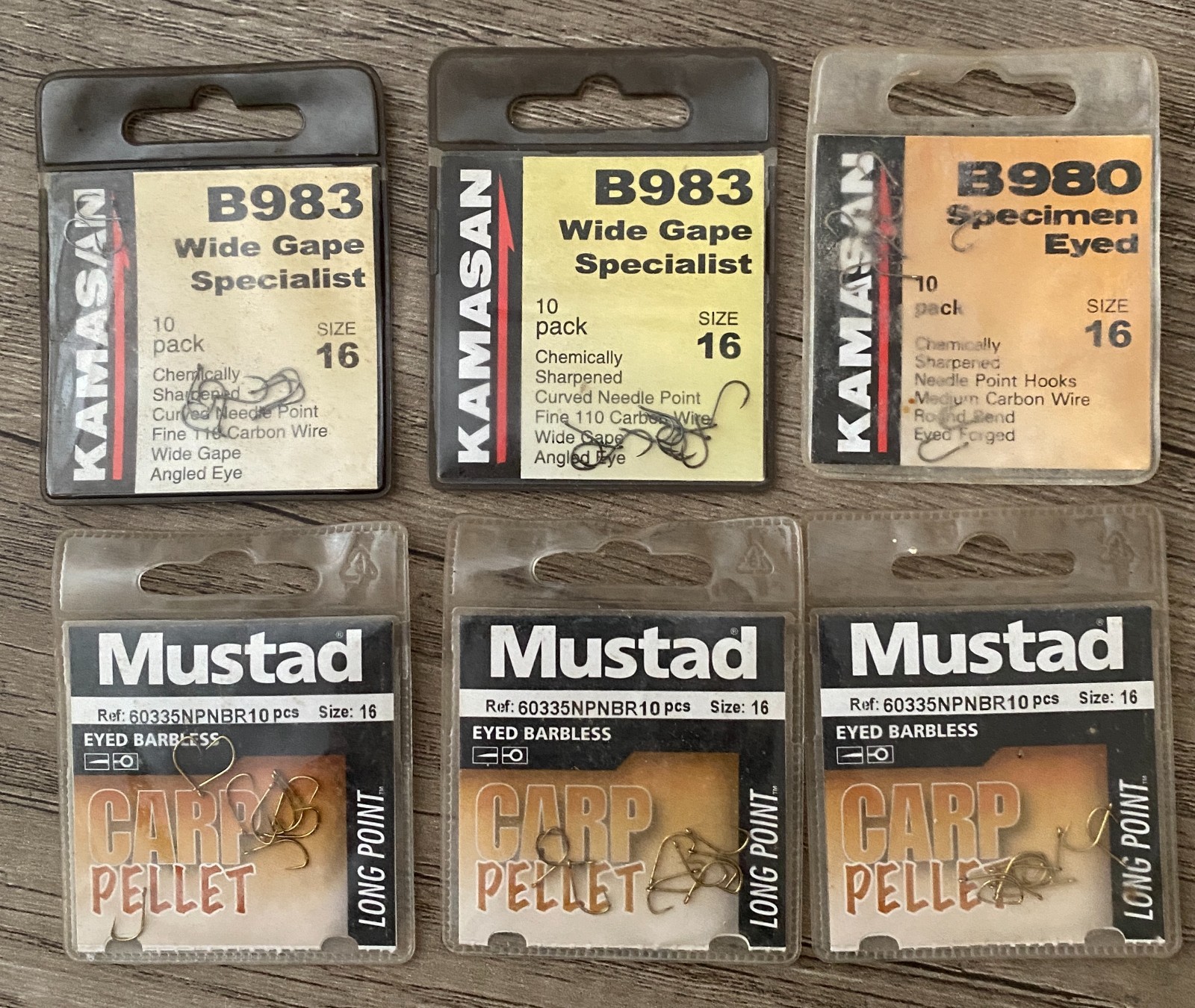 Kamasan Hooks B983 wide Gape barbed & Mustad 60335 Barbless Pellet Hooks-size 16