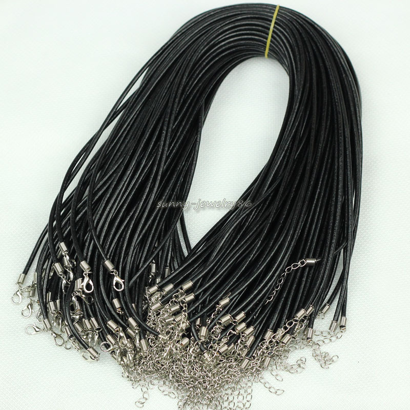 Black Genuine Real Leather Cord Necklace 2mm/3mm 18" with Clasps Extension Chain