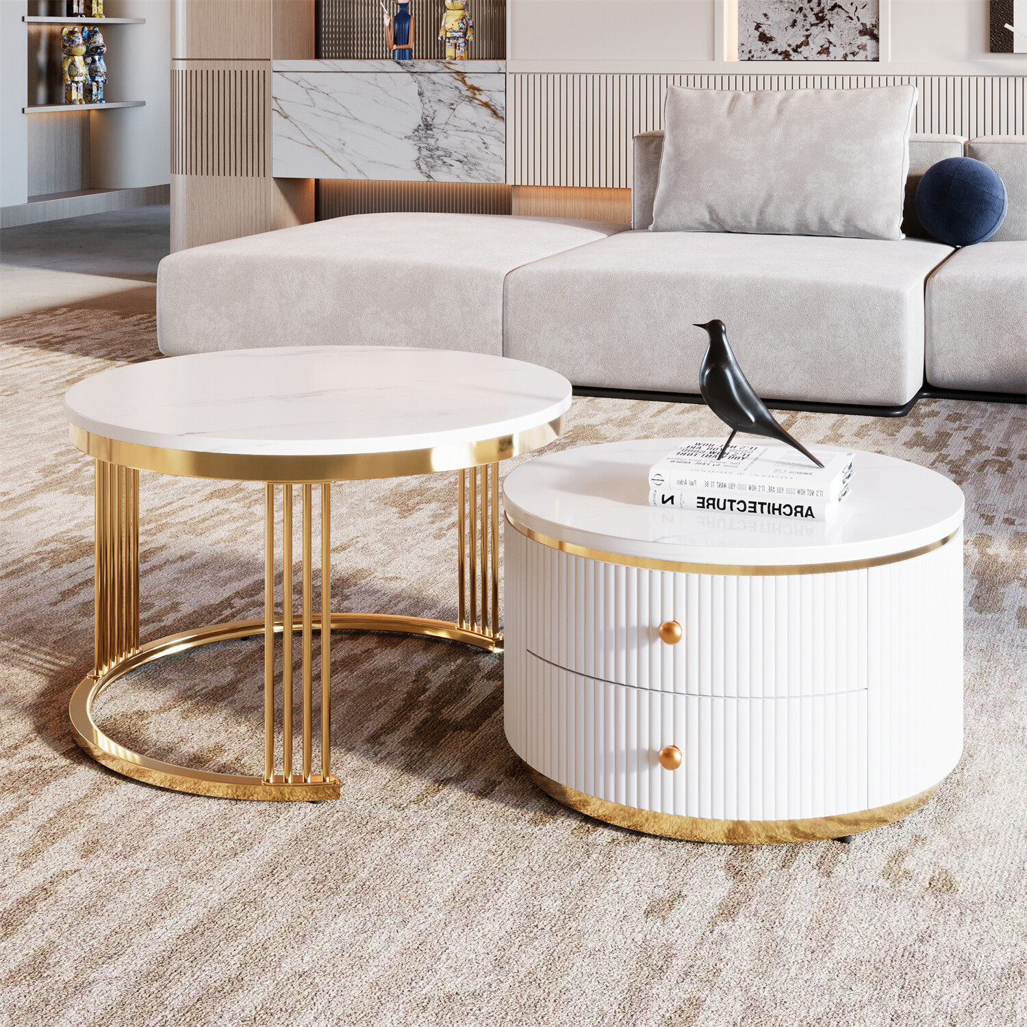 Round Nesting Coffee Table Center Cocktail Table w/ 2 Drawer for Living Room