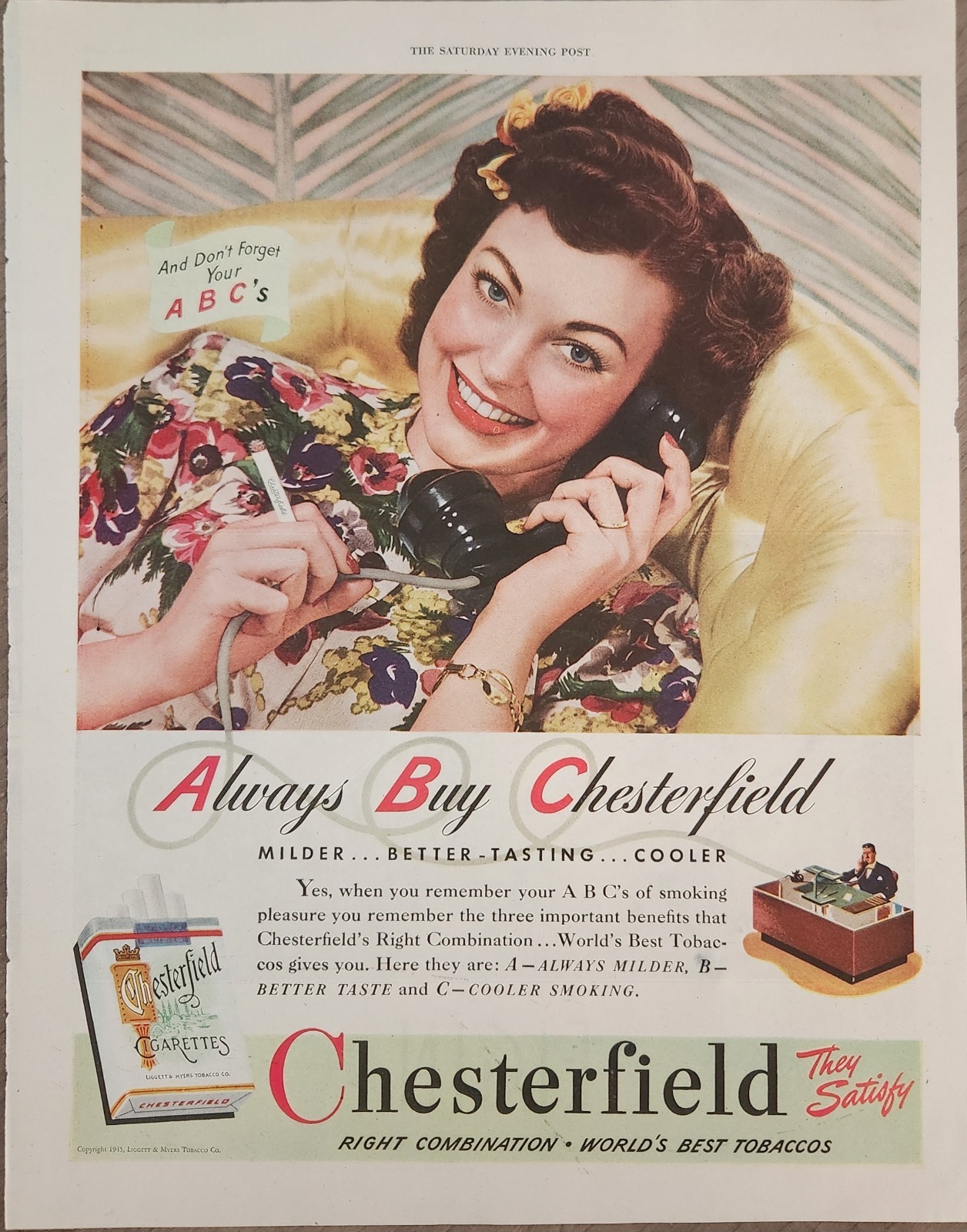 1945 Chesterfield Cigarette Vintage Ad Milder Better Tasting Cooler