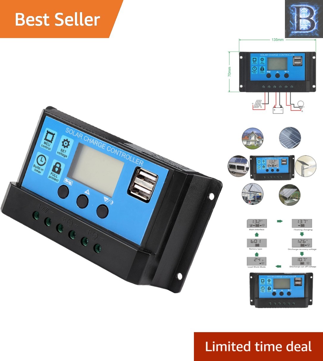 60A PWM Solar Charge Controller for 12V/24V Systems - LCD Display & Safety Fe...