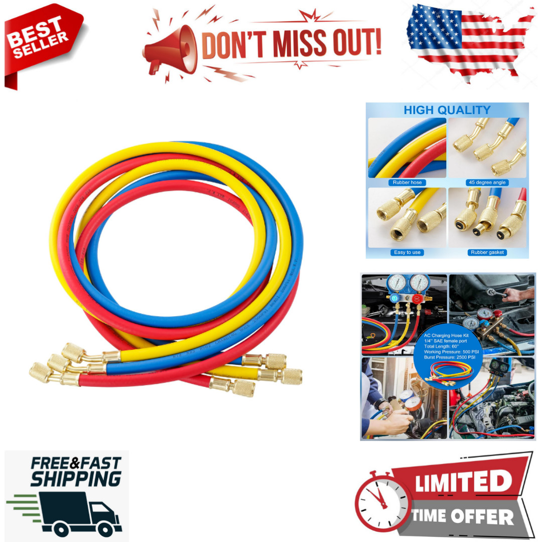 3-Piece Air Conditioning Manifold Hose Set, Refrigerant Charging Hoses 1/4 SAE,