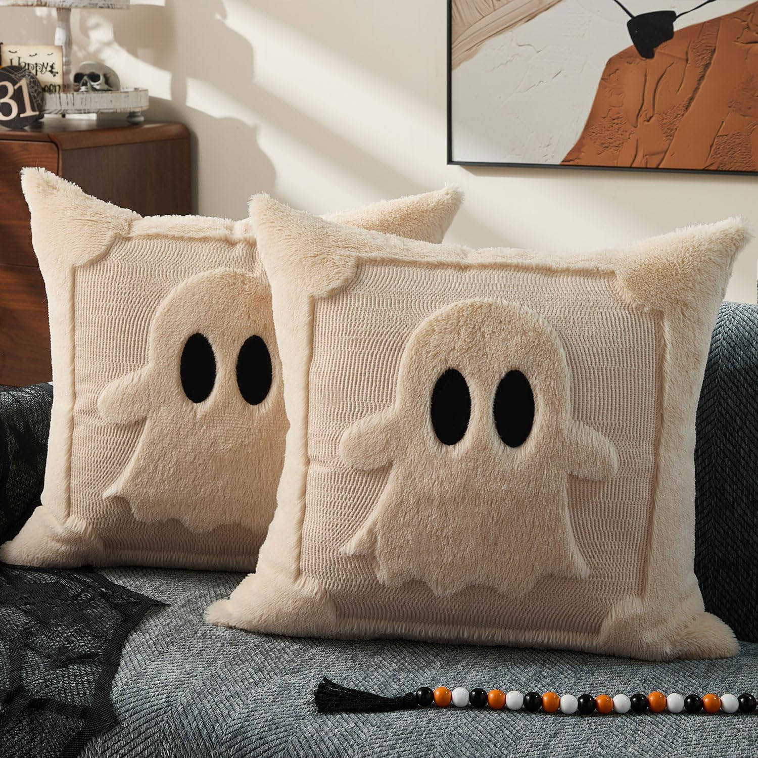 Halloween Pillow Covers 18X18 Inch Set of 2 Black Eyes Beige Ghost Throw Pillow