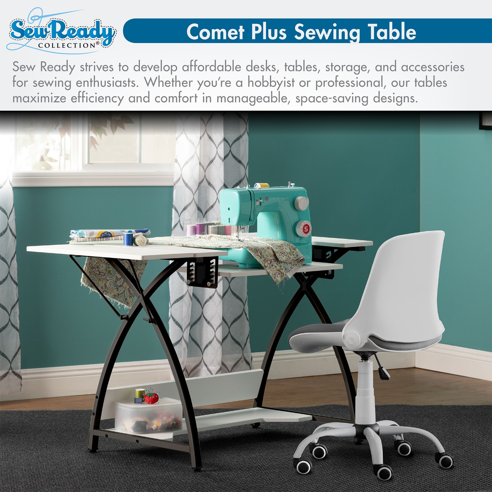 Sew Ready Comet Plus Hobby and Sewing Table with Side & Lower Shelf, Black/White