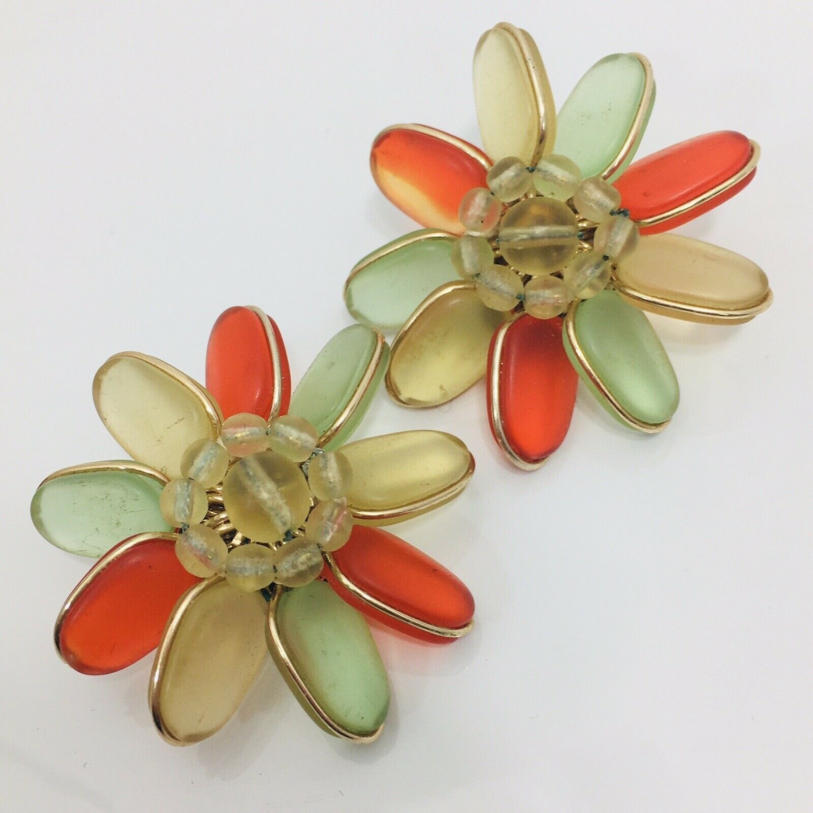 Vintage Glass Mod Flower Earrings Statement Made West Germany Open Bezel Petals