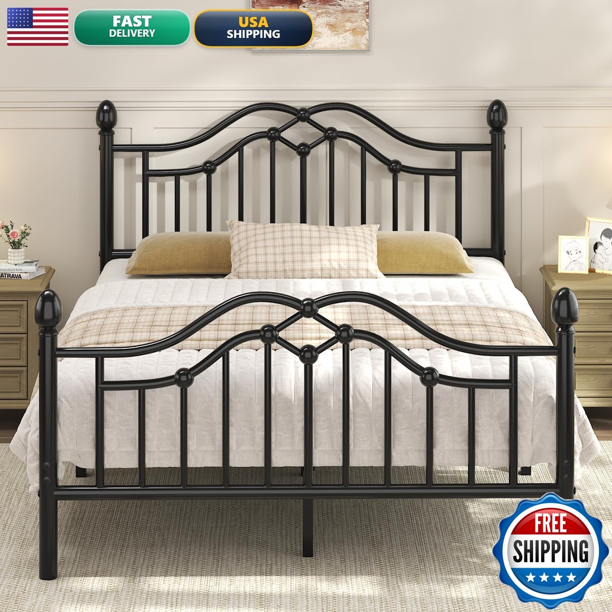 LoVinson Queen Metal Bed Frame Victorian Headboard & Footboard Black
