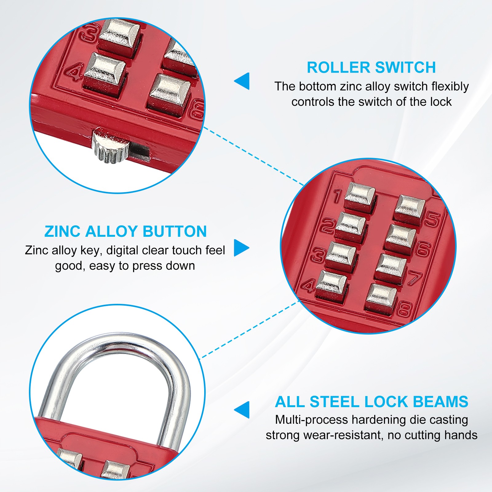 3Pcs Push Button Combination Padlock 8-Digit 4-Position Lock Red
