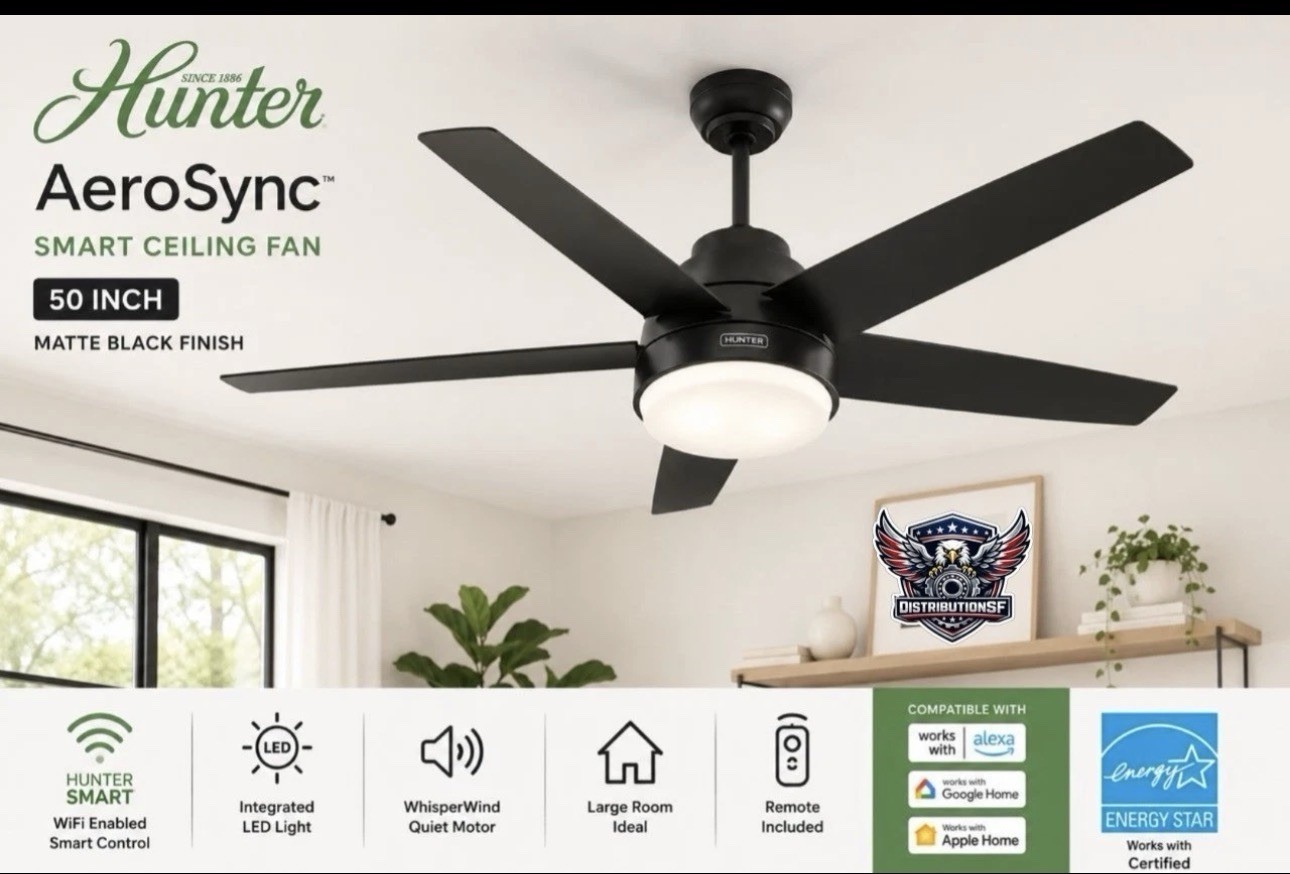 Hunter 50" AeroSync Wi-Fi ENERGY STAR Matte Black Ceiling Fan w/ LED Light NEW