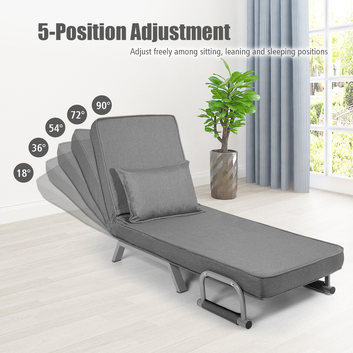 5 Position Convertible Sofa Chair Folding Sleeper Bed w/ Pillow Gray