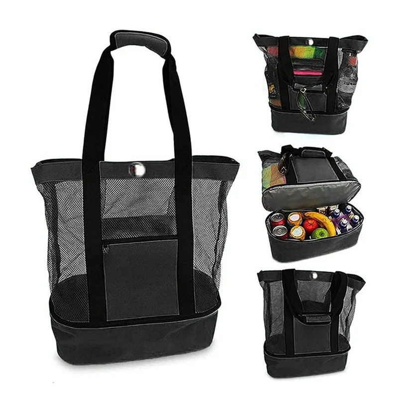 Large Mesh Beach Cooler Bag Insulated Picnic Tote for Camping Travel Pool Black