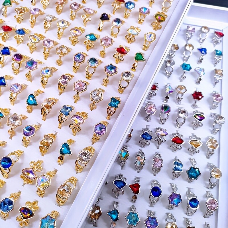 10-100pcs Wholesale Artificial Crystal Gemstone Rings Butterfly Fashion Jewelry