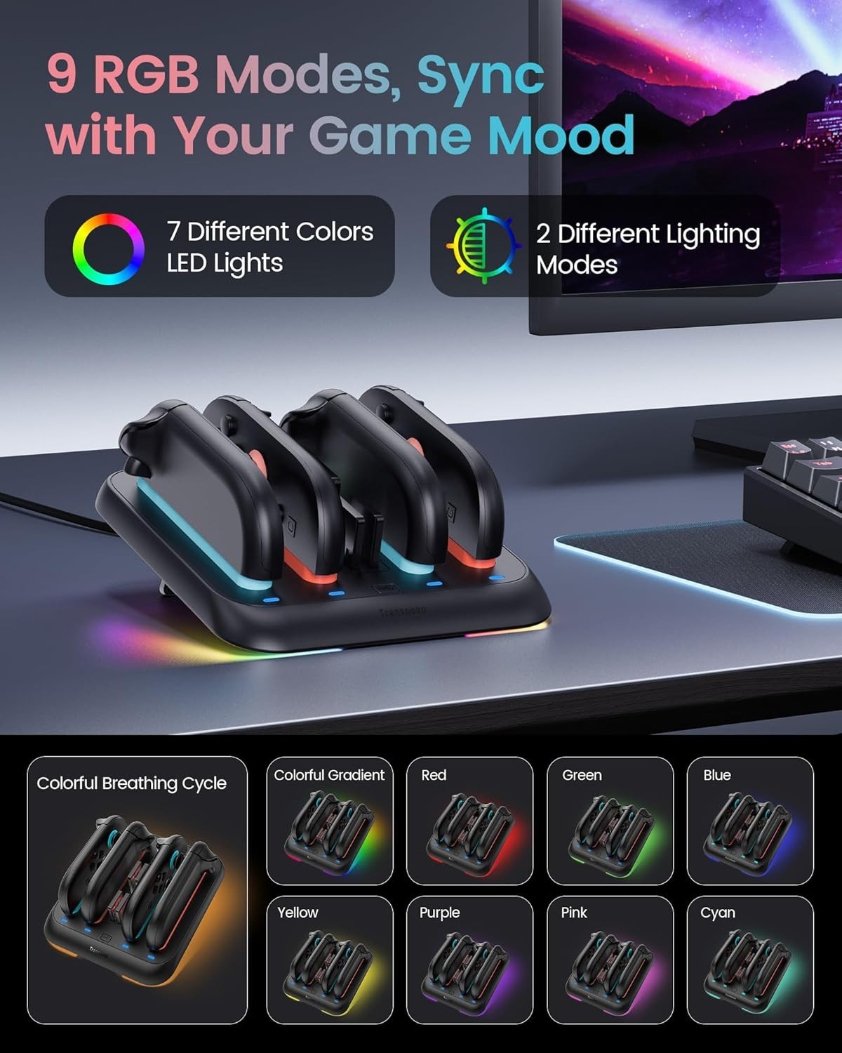 Nintendo Switch 2 Joy-Con Charging Dock Station Controller Charger LED RGB USB-C