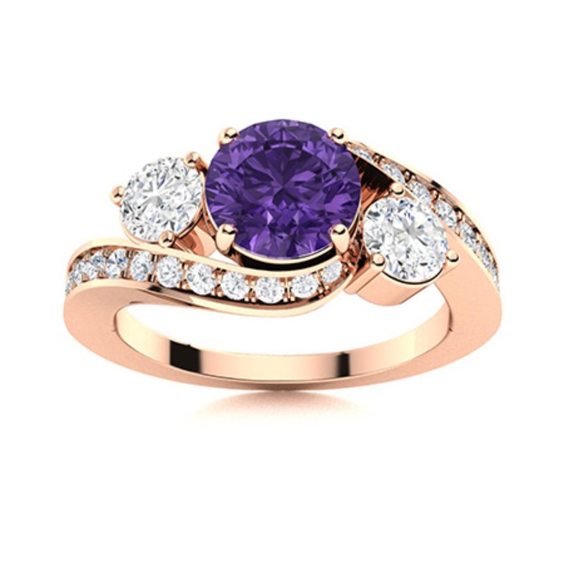 6mm Round Amethyst Three Stone Bypass Band Ring 925 Sterling Silver Rose Plated