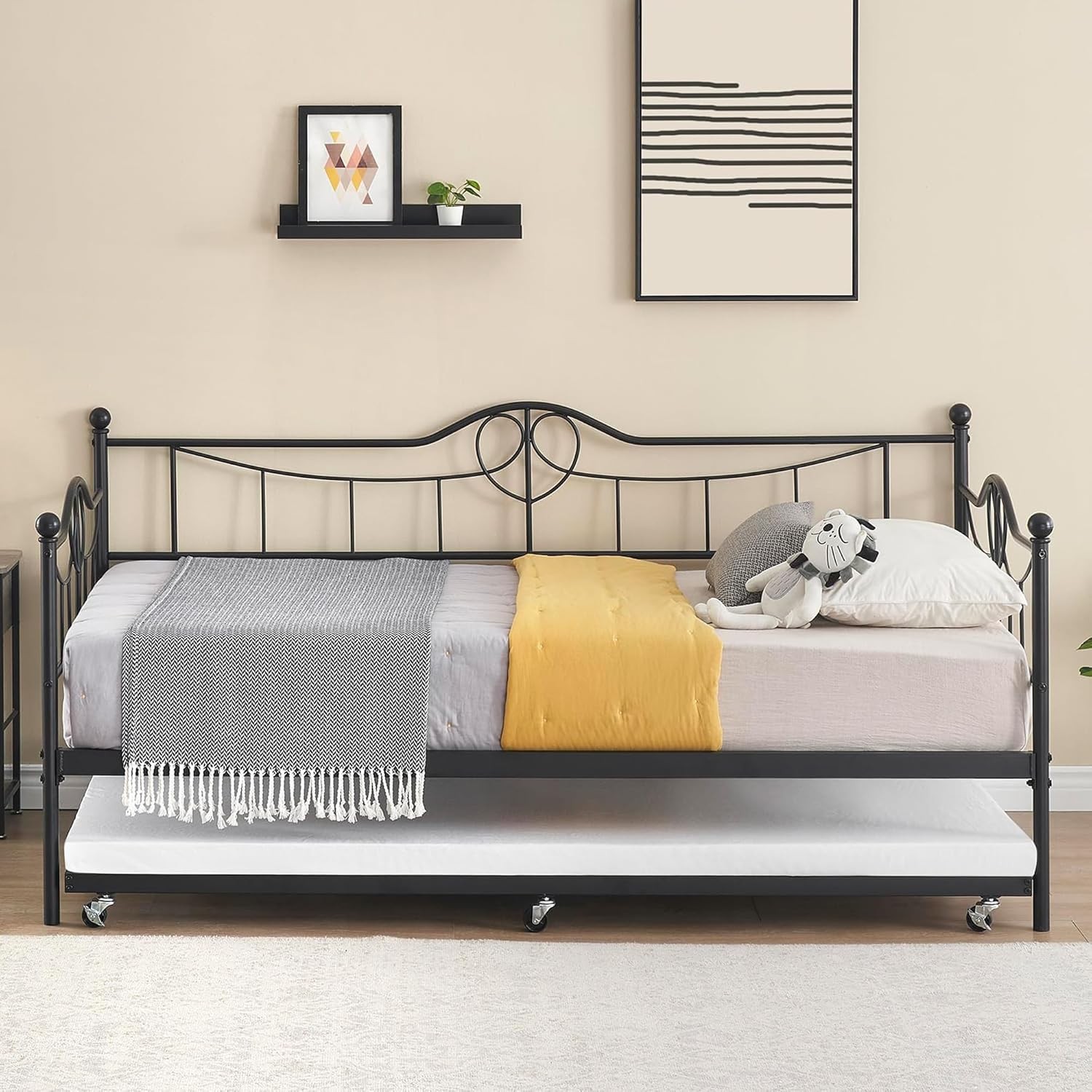 Twin Size Daybed Frame W/ Trundle Metal Daybed W/ Headboard Steel Slats Supports